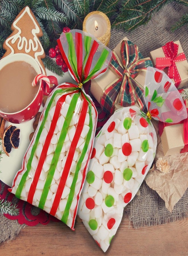 Whaline 150Pcs Christmas Cellophane Treat Bags Red Green Stripes Dots Candy Cookie Treat Bags with Twist Ties Xmas Plastic Goodie Gift Bags for Snack Packing Holiday Party Favors - Image 5